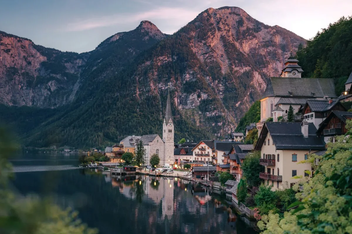 Hallstatt village beside its alpine lake in Austria