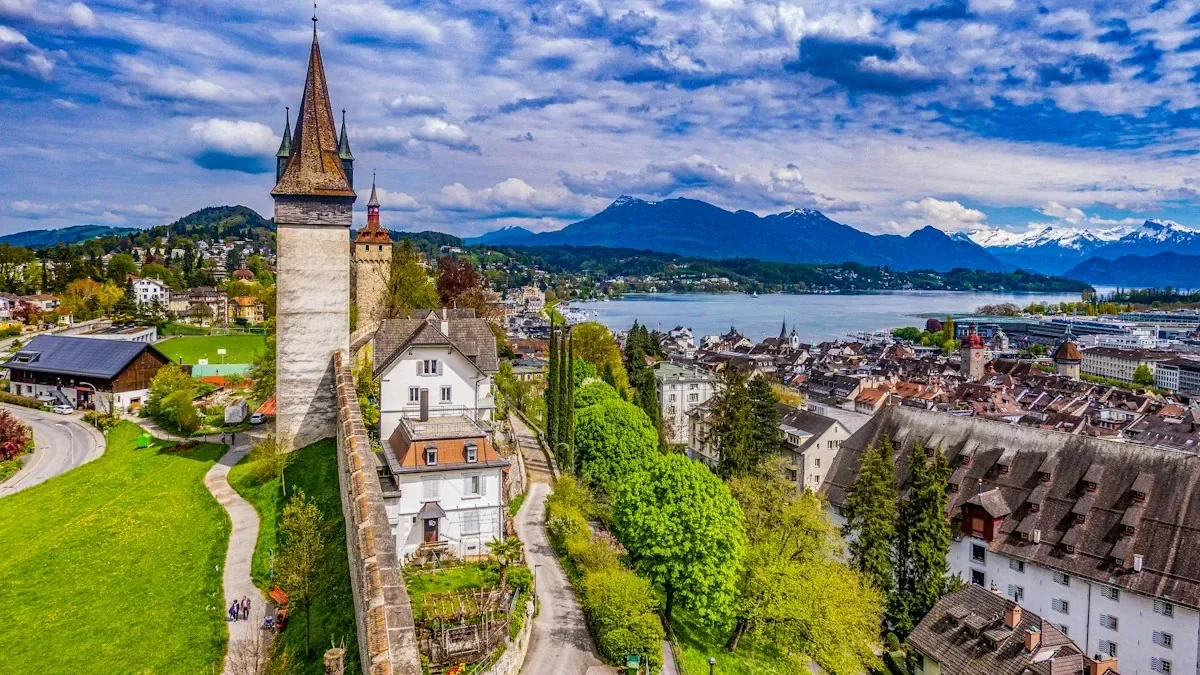 Lucerne city with Lake Lucerne and mountains in Switzerland
