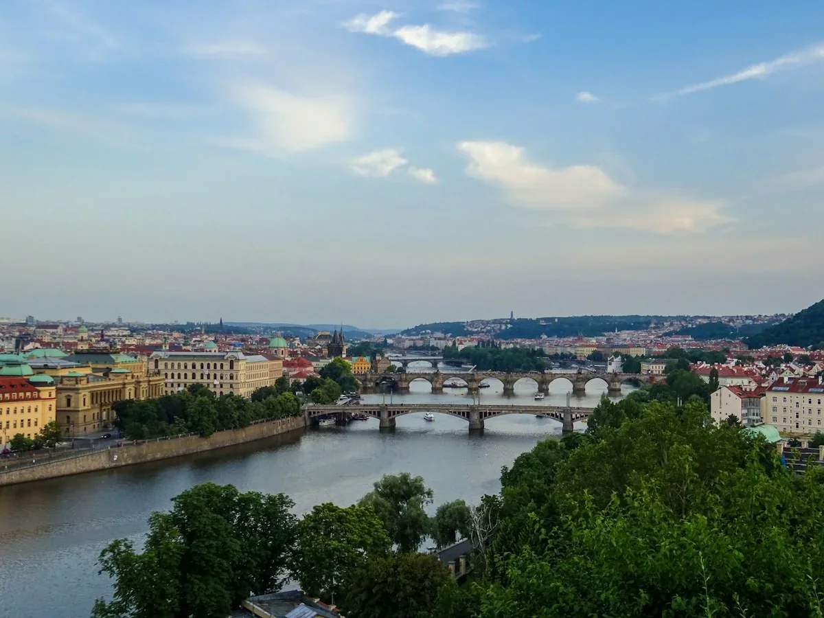 Prague cityscape and bridges over the Vltava River, Czechia