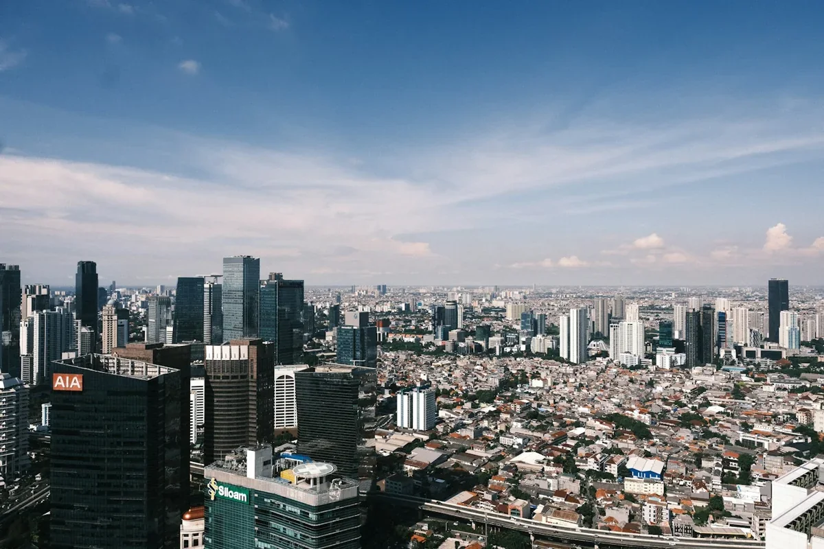 Jakarta skyline with modern towers and residential neighbourhoods, Indonesia