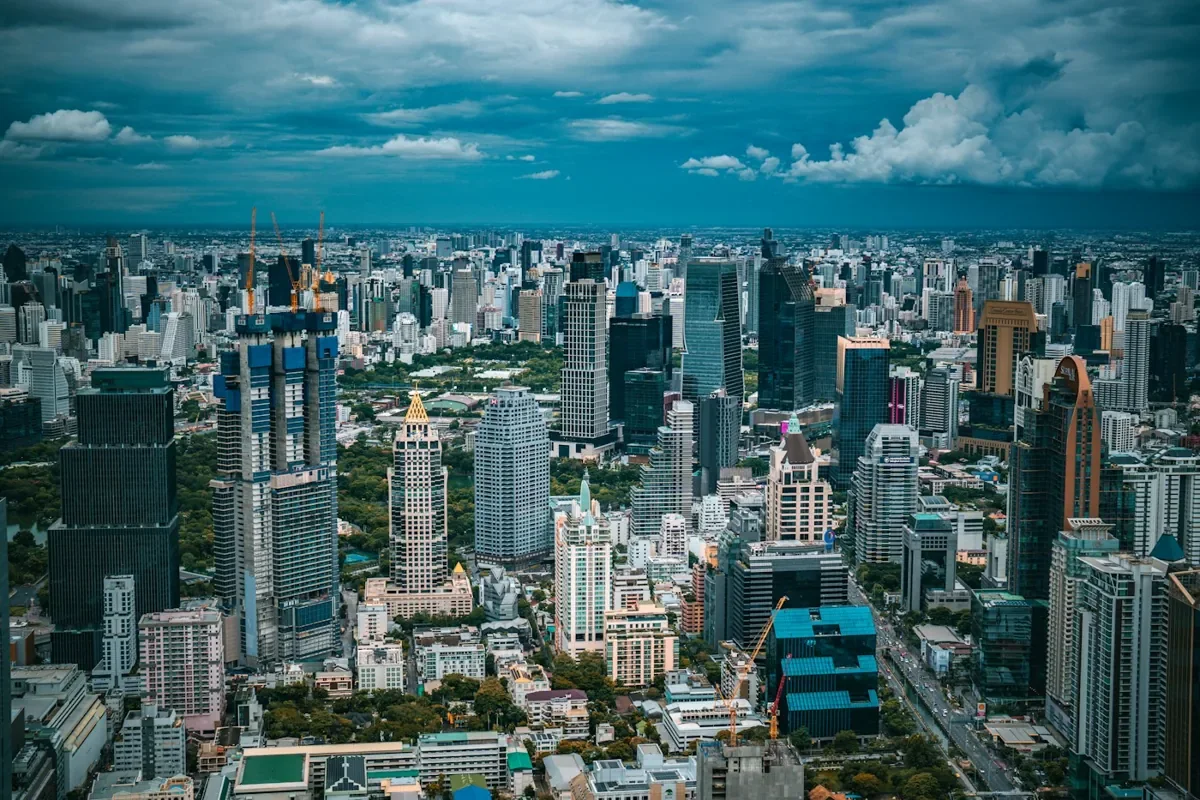 Bangkok city skyline under a cloudy sky, Thailand